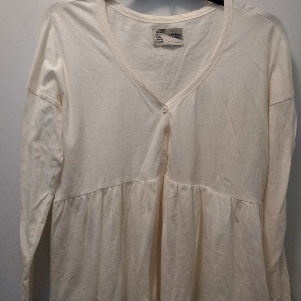 Long-Sleeve Cream Peplum Button-Front Women's Top